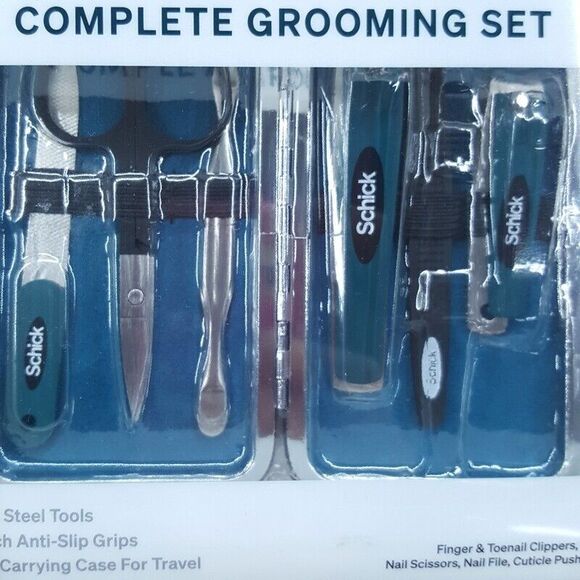 SCHICK Complete Grooming Set Stainless Steel Clippers Tweezer File Scissors Case - Picture 2 of 5